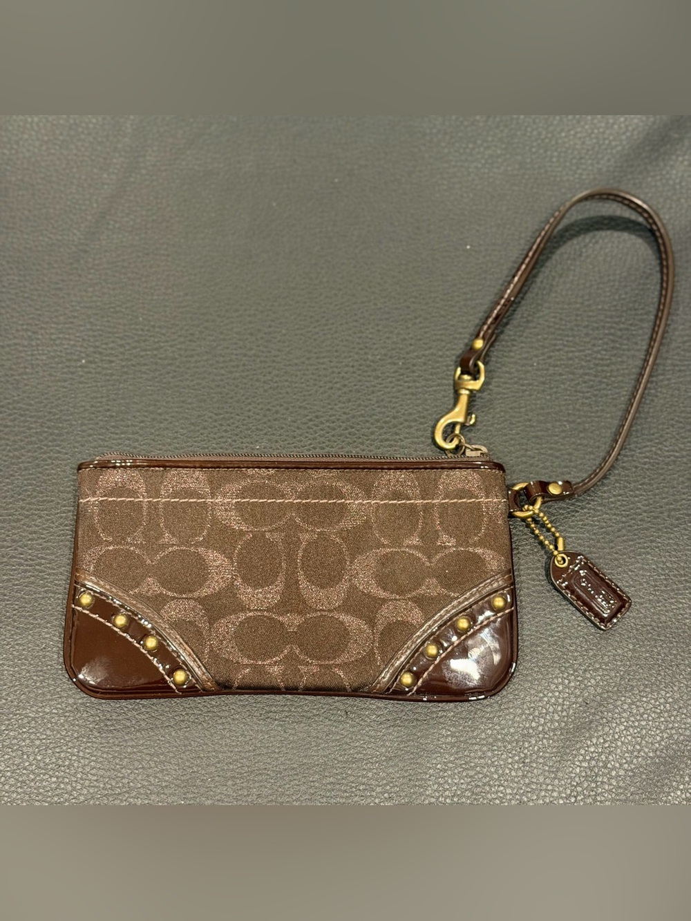 Coach Dark Brown Signature Canvas Wristlet w/ Patent Leather Trim & Brass Studs